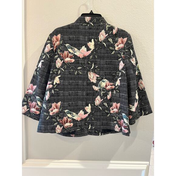 033 Chico's Black Label Women's Floral Birds Blazer Jacket Sz 2 Large 3/4 Sleeve - Picture 2 of 6